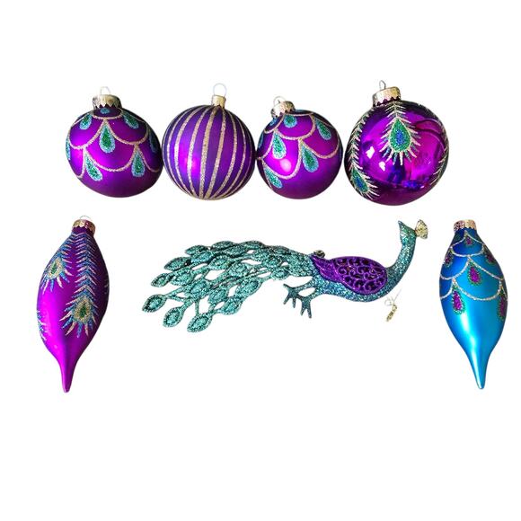 Peacock Themed Christmas Ornaments First 3 are Tommy Bahama 7 Pieces Shiny - Picture 2 of 10